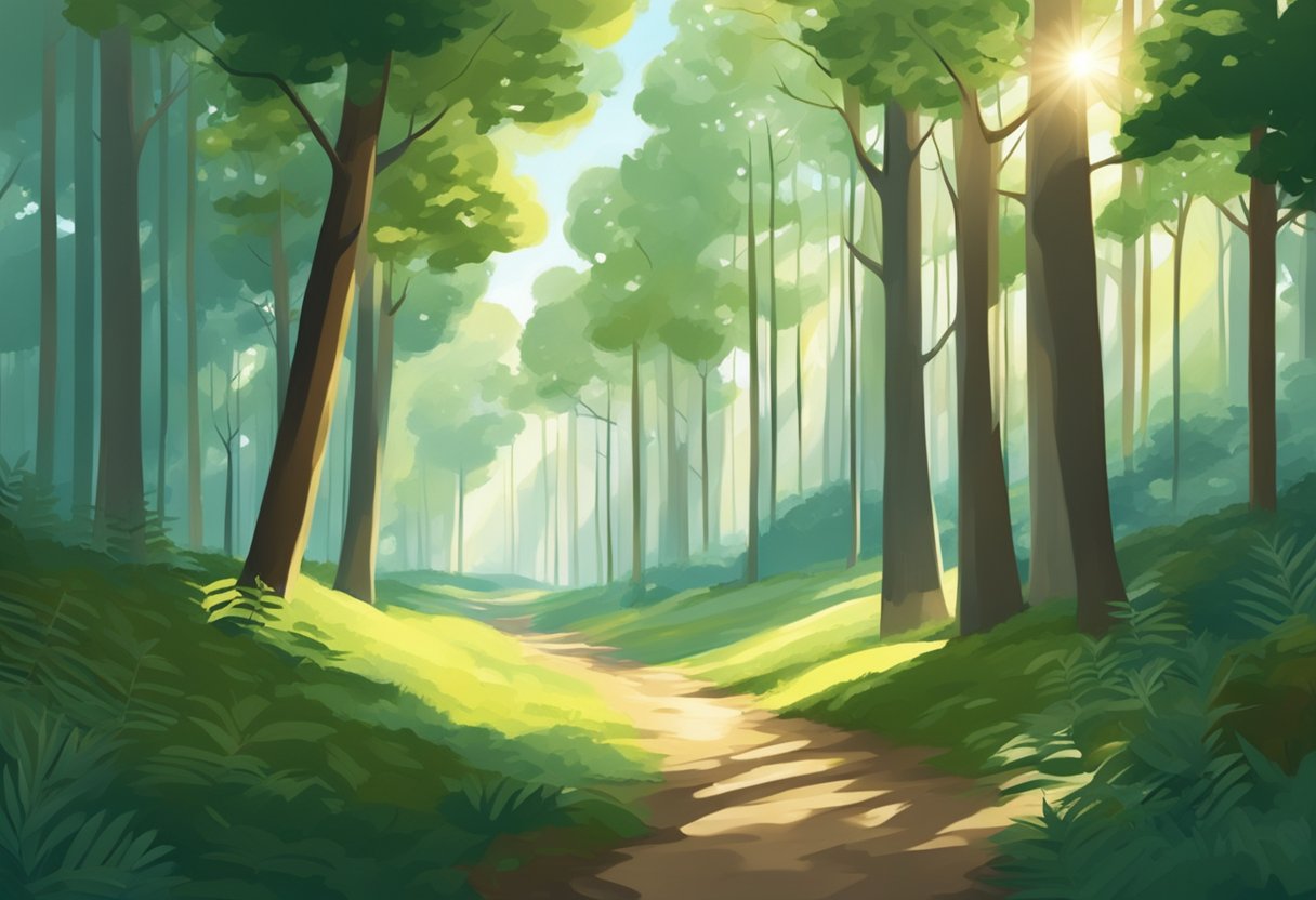 Ruhiger Wald mit Sonnenlicht das durch die Baeume faellt und Frieden und Ruhe vermittelt
