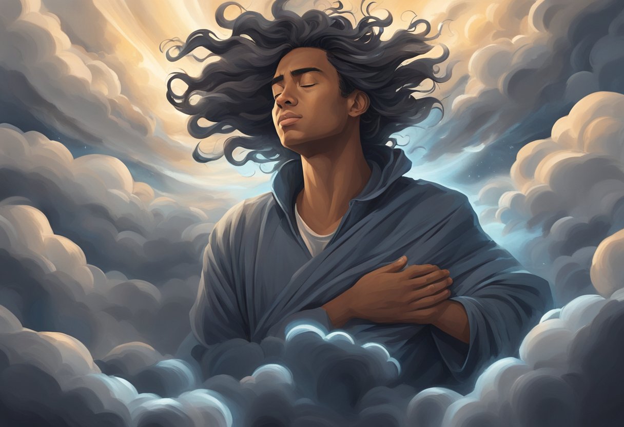 Person umgeben von dunklen Wolken mit beruhigendem Licht das von oben scheint