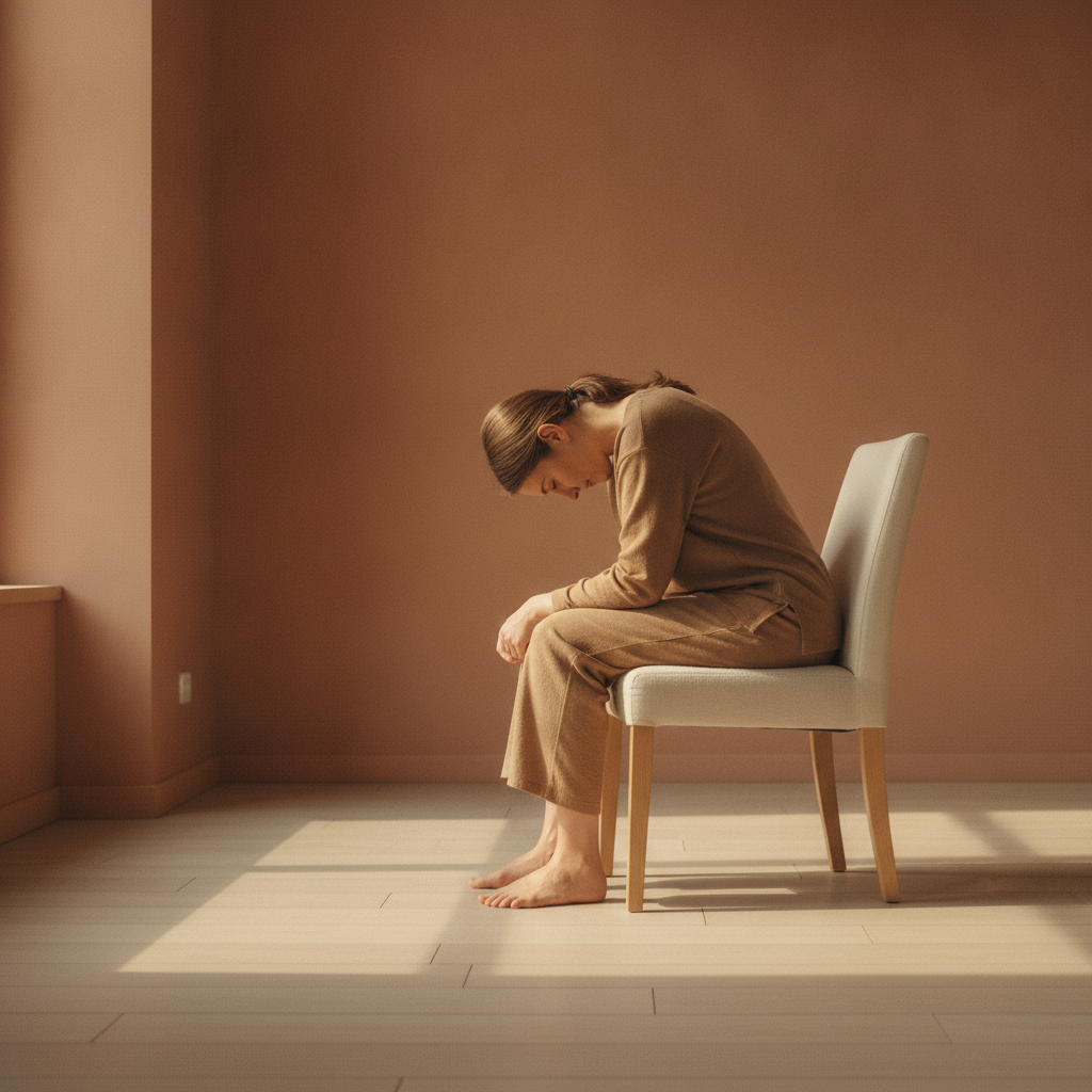 Person in der Droschkenkutscherhaltung, einer typischen Sitzposition fuer das autogene Training