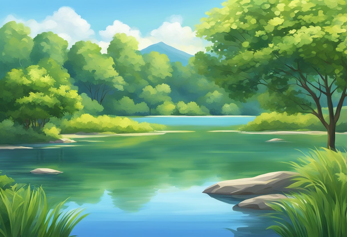 Ruhige Landschaft mit stillem Wasser, ueppiger Vegetation und klarem blauem Himmel