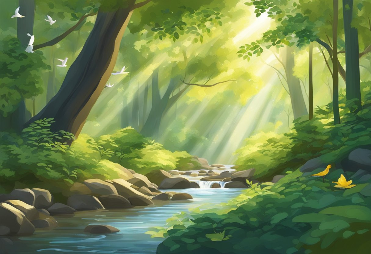 Ruhiger Wald mit Sonnenlicht, das durch die Blaetter faellt, und friedlichem Bach