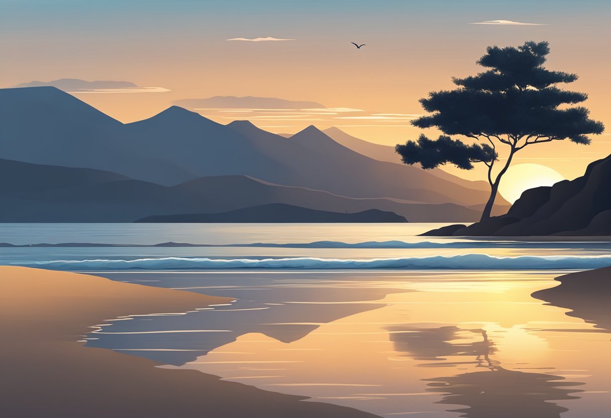 Ruhiger Strand bei Sonnenuntergang mit sanften Wellen und einsamer Baum am Ufer